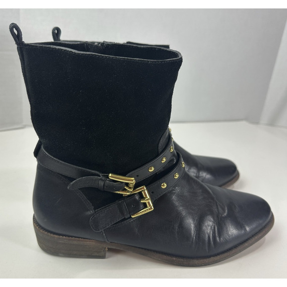 Coach Lilliana Leather Ankle Moto Boots Size 7.5 B Gold Studded Buckle Shoes - Picture 4 of 16